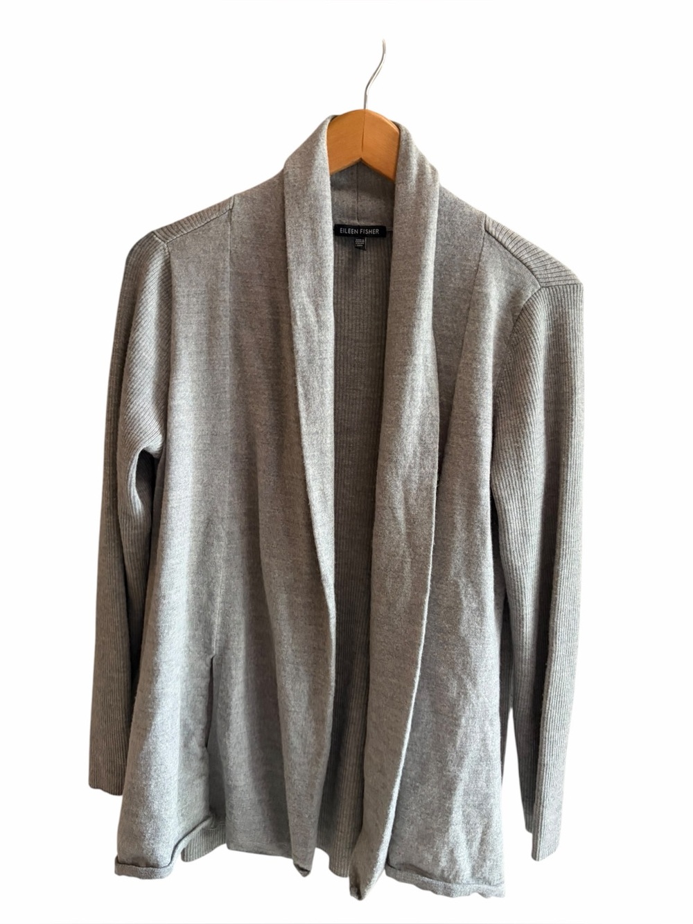 EILEEN FISHER 100% Merino Wool Gray Open Cardigan Pockets